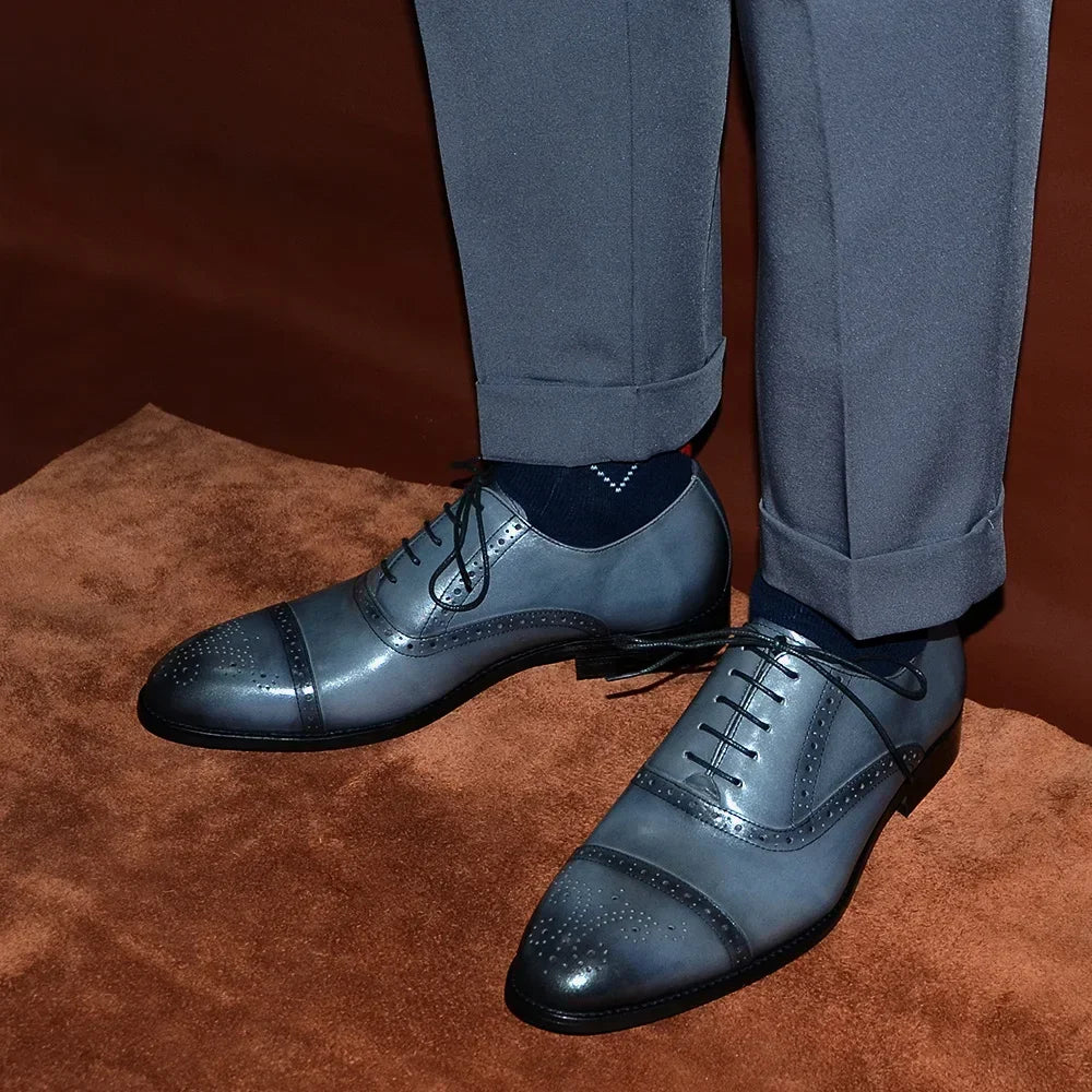 Italian Mens Dress Shoes Genuine Leather Cap Toe Oxfords Lace-up Black Brown Wedding Business Office Brogue Formal Shoes for Men