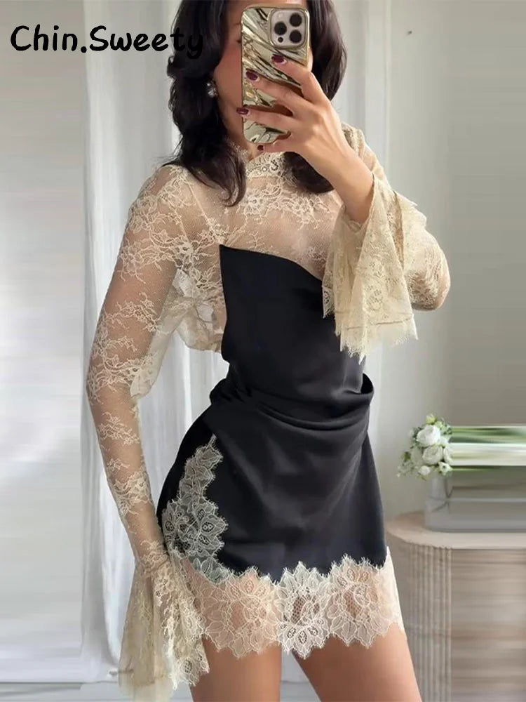 Elegant Lace Patchwork Satin Mini Dress Women High Collar Flare Sleeve See Through Party Dresses 2025 Autumn Lady Evening Robes