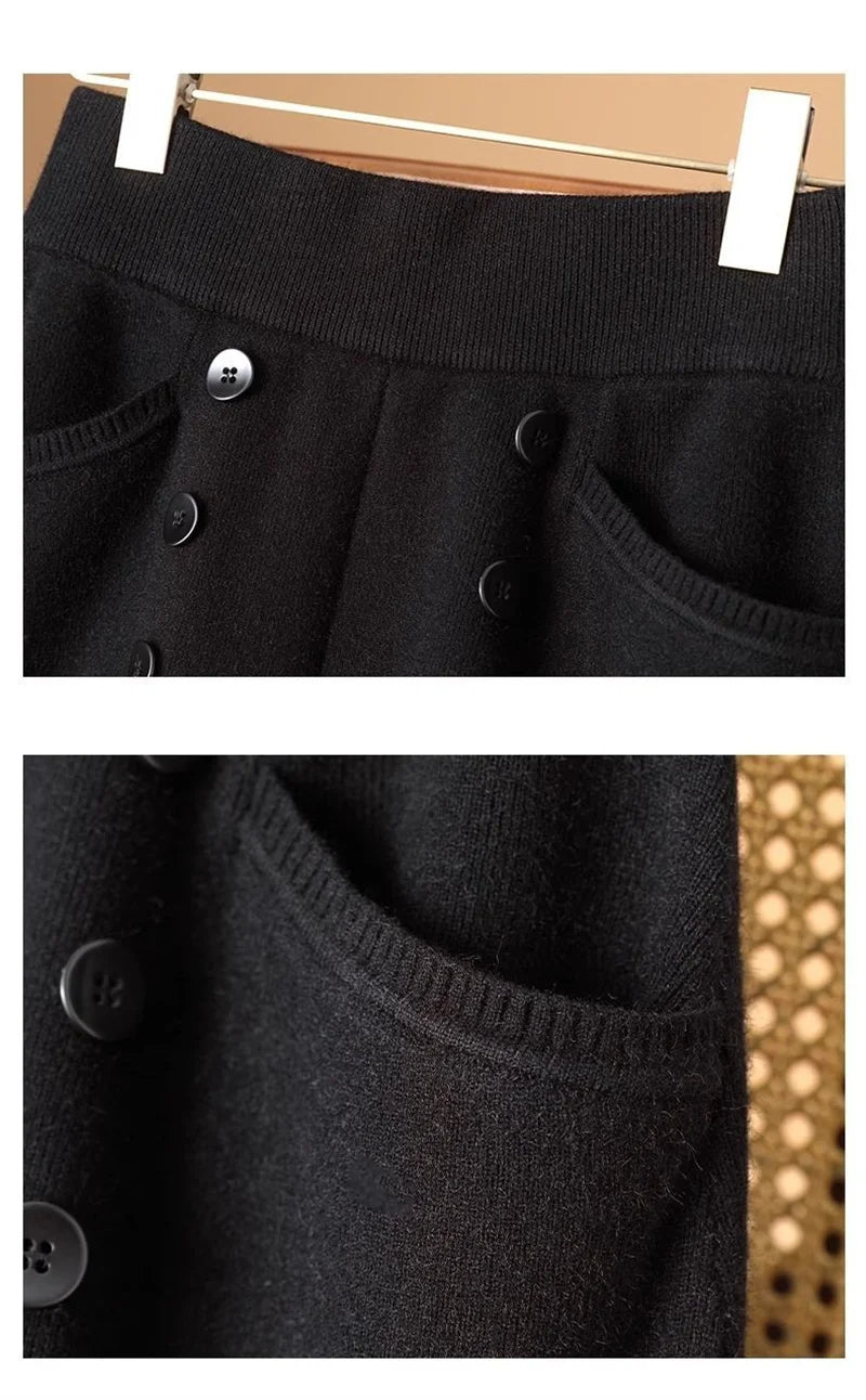 Women Knitted Skirt 2025 Autumn Winter New Loose Oversized Button Elastic Skirts Female Knitt Skirt Warm Women's Clothing