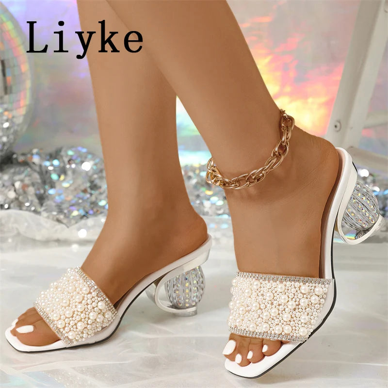 Liyke Size 36-42 Women Summer Party Slippers Fashion White Pearl Designer Sandals Female Shoes Strange High Heels Mules Slides