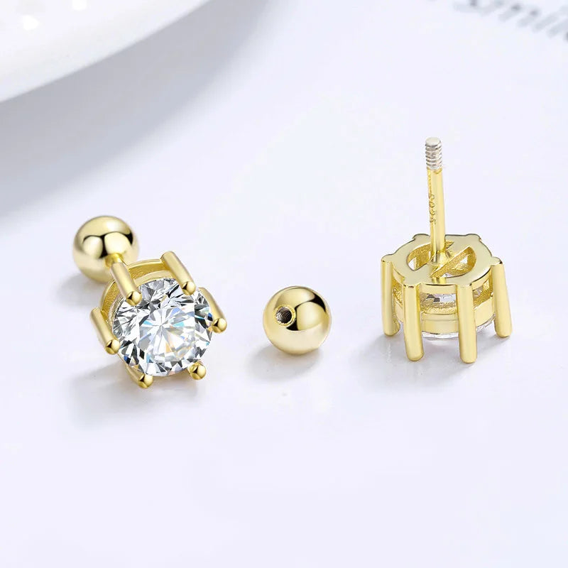 TrustDavis Real 925 Sterling Silver Six Claw Zircon CZ Screw Stud Earrings for Daughter Girls Gift Fine Jewelry DS3472