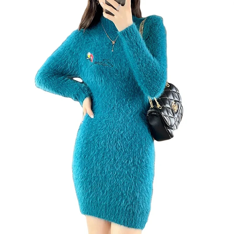Autumn Winter Imitation Mink Fleece Dress Women Sweater Pullover Slim Embroidered Knitting Dress Female Base Shirt Mini Dress