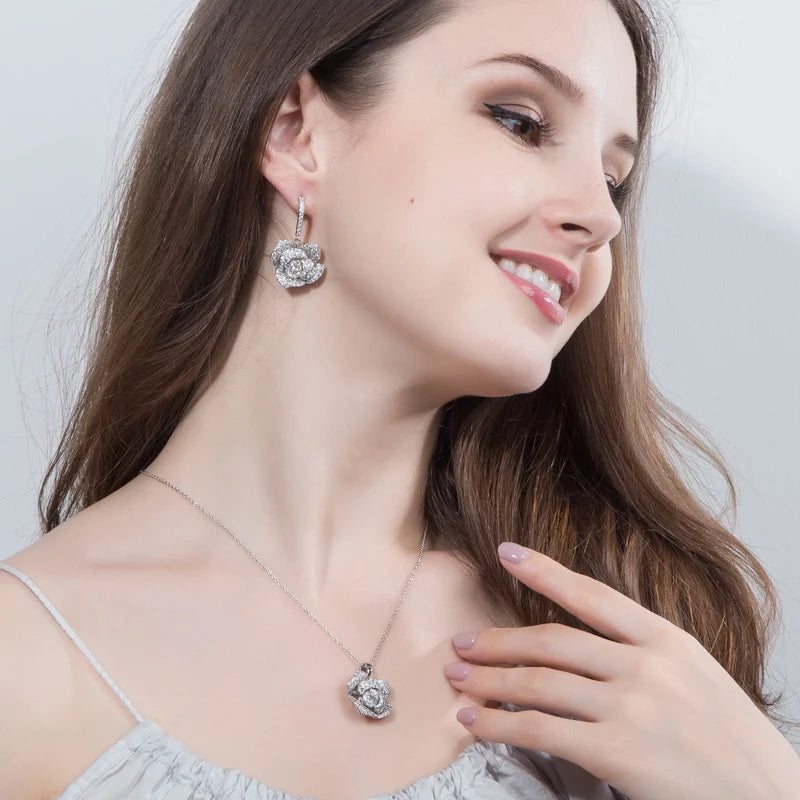 ThreeGraces Elegant Cubic Zirconia White Gold Color Rose Flower Dangle Earrings Necklace Summer Prom Jewelry Set for Women JS594