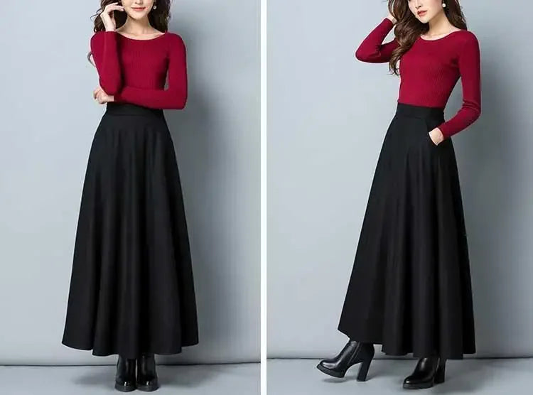 Autumn and Winter Solid Color Woolen Skirt Big Hem A- line Skirt High Waist Long Woman Skirts Mujer Faldas Saias Mulher