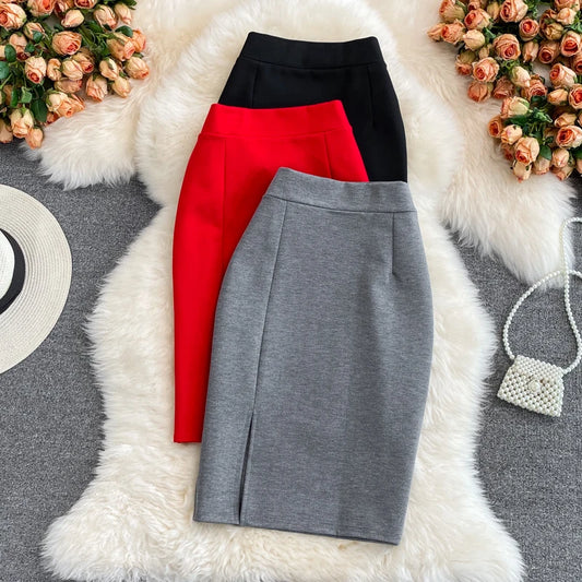 High Waist Midi Skirt Women's OL Profional Slimming Side Slit Wrap around A-Line One Step Skirt Korean Sle Commute Pure ...