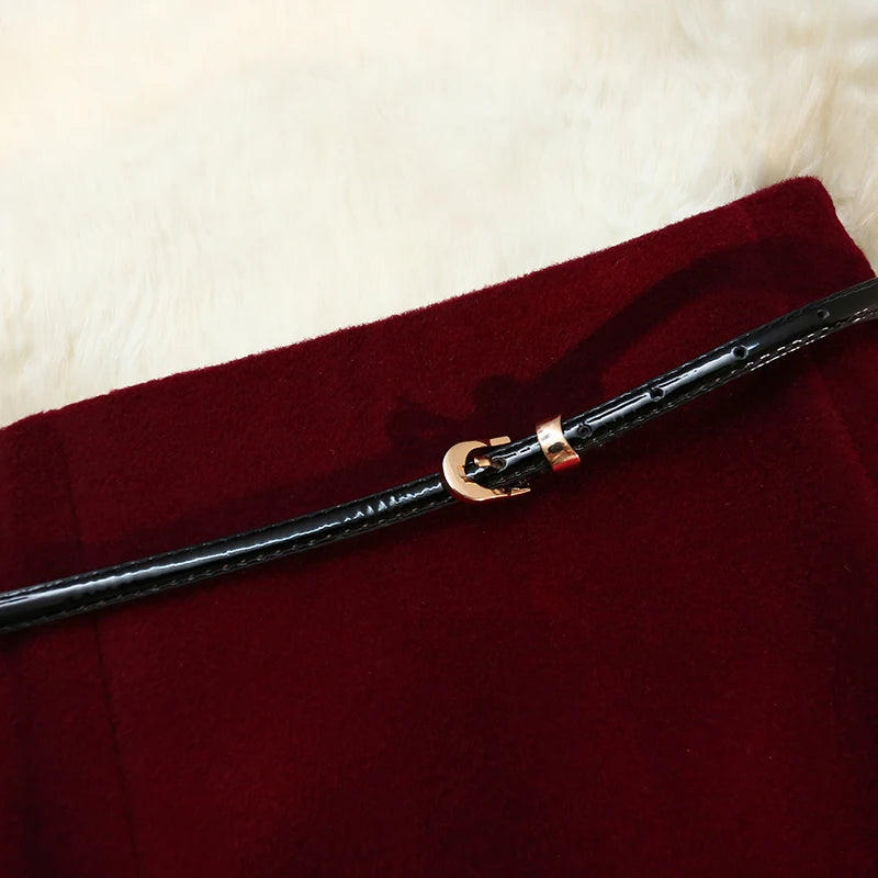 Seoulish 2024 New Autumn Winter Wrapped Woolen Midi Skirts for Women Fashion High Waist Solid Color Office Lady Straight Skirts