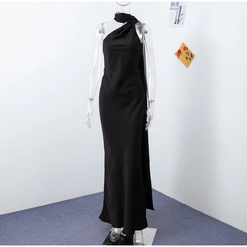 Elegant Ribbon Halter Dress Women Solid Off Shoulder Sleeveless Backless Slim Maxi Dresses 2025 Summer Autumn Party Robes Lady