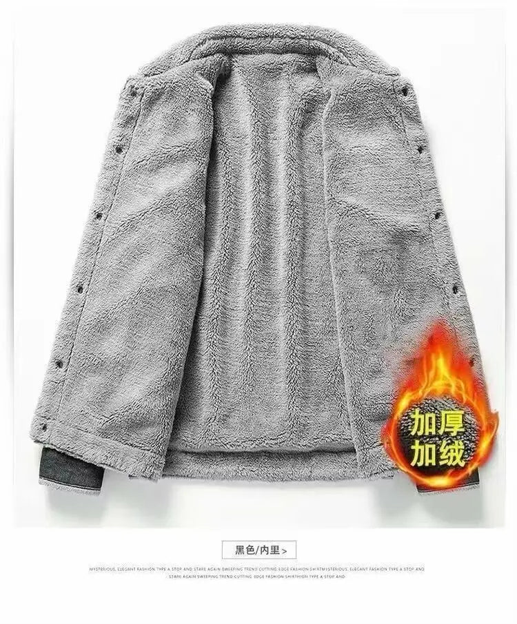 2025 Men's fleece denim jacket, autumn and winter warmth, casual, teen slim jacket