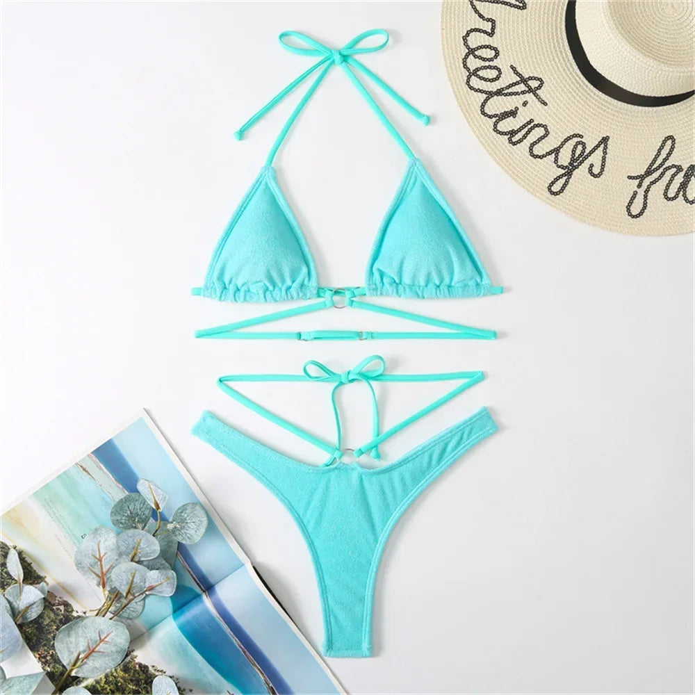 Micro String Extrem Bikini Orange Y2K Triangle Backless Swimsuit Toweling Rings Vacation Swimwear Women Push Up Beach Bath Suits