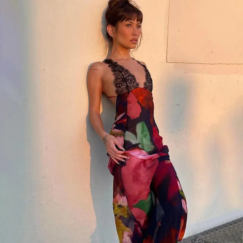 Sexy Leopard Print Lace Patchwork Maxi Dress Women Fashion V Neck Backless Long Dresses Spring Summer Female Holiday Vestidos