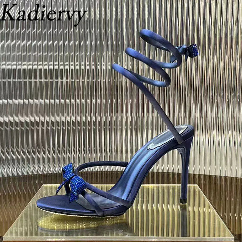Summer High Heels Sandals Woman Butterfly-knot Rhinestone Snake Twine Around Ankle Strap Wedding Shoes Thin Heels Sandals Women
