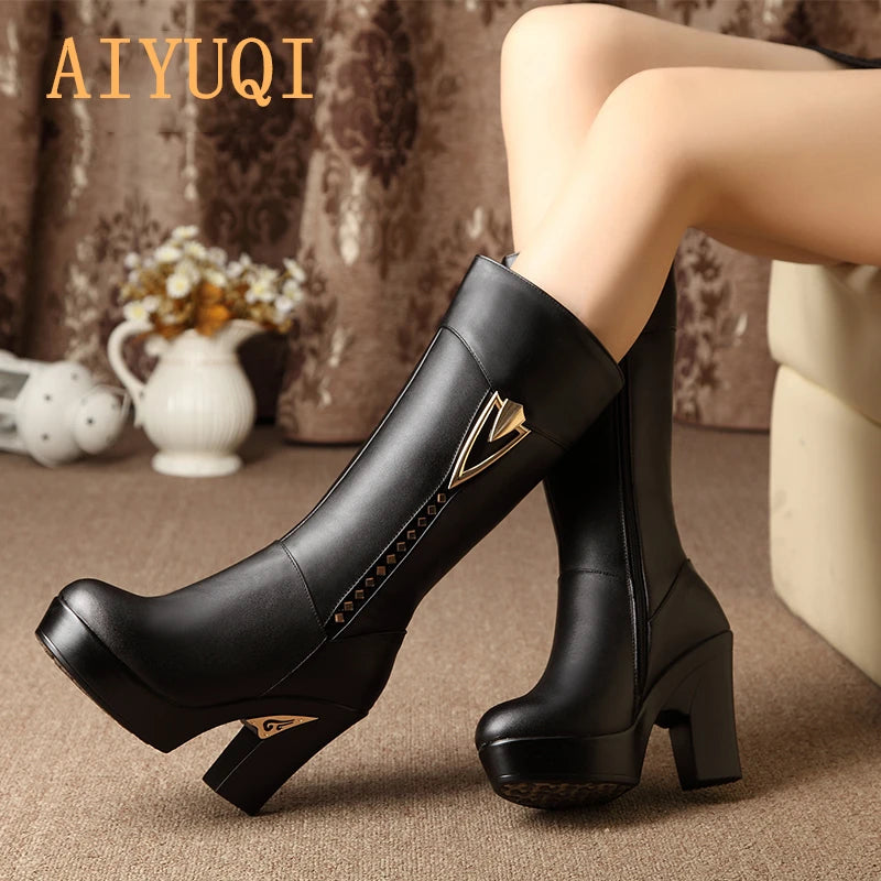 AIYUQI Winter Women Boots First Layer Of Leather High Heeled Genuine Leather Boots Gaotong Thick With Long Barreled Boots Wool