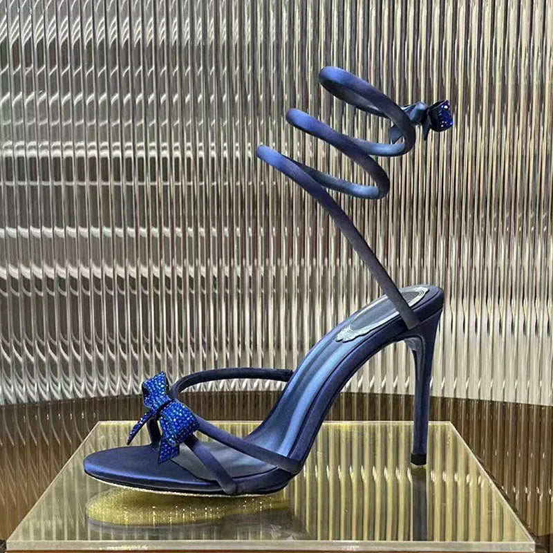 Summer High Heels Sandals Woman Butterfly-knot Rhinestone Snake Twine Around Ankle Strap Wedding Shoes Thin Heels Sandals Women