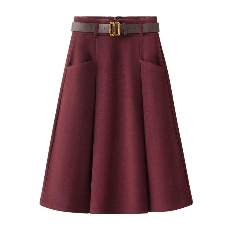 New Spring Autumn Fashion Skirt Women Elegant High Waist Solid Color A-line Casual Midi Skirts Office Lady Women's Clothing