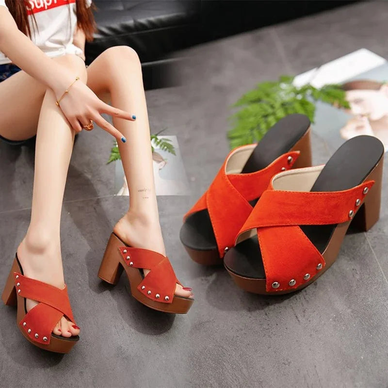 Women Sandals 2024 Summer New Square Platform Flock Casual Rivet Pumps Female Peep Toe Elegant High Heels Shoes Zapatos De Mujer