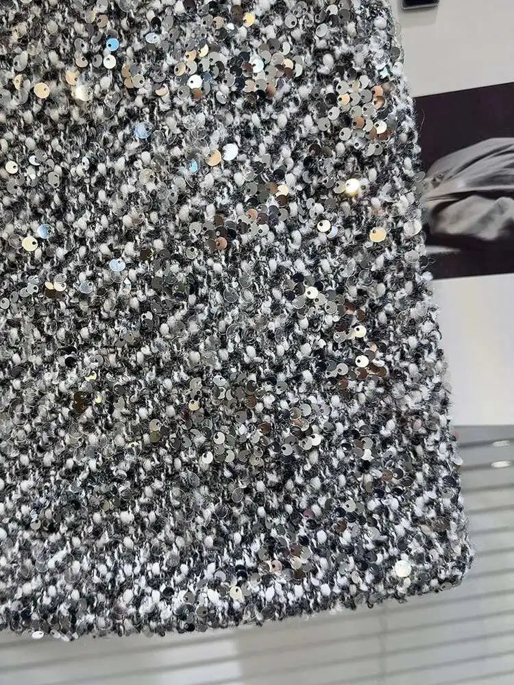 DEAT Trendy New Collection Women's Sequins Tweed Skirts 2025 Spring Fashion Zipper High Waist Wrap Hip Skirt Female 11XX7555