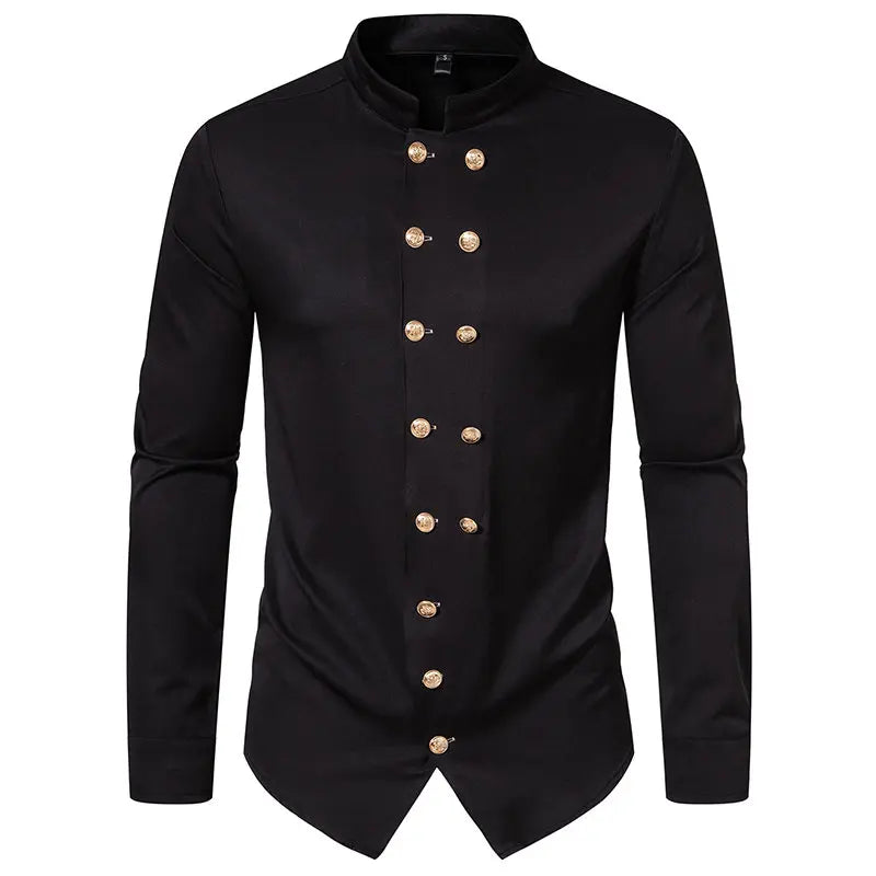 Double Breasted Formal Dress Shirts for Men New in Steampunk Nightclub Party Prom Henry Collar Gothic Shirts Mens Stage Costumes