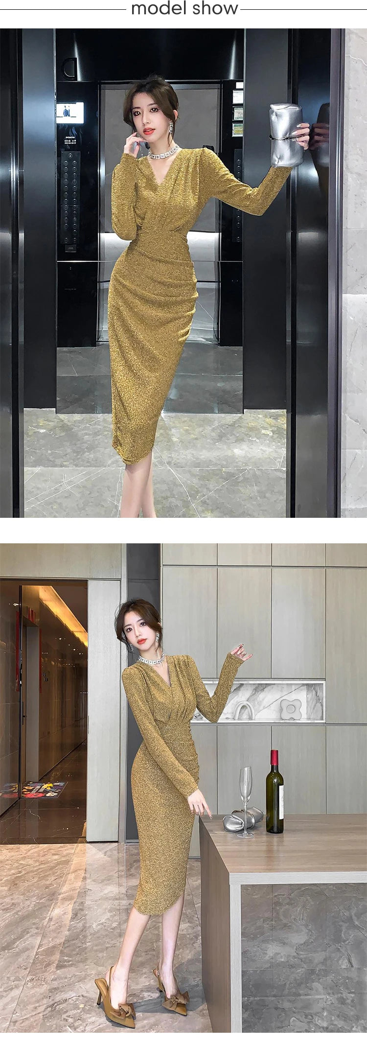 Women Clothes Casual Glitter Shiny Gold V-Neck Folds Slim Asymmetrical Dress Elegant Evening Party Birthday Vestidos Spring New