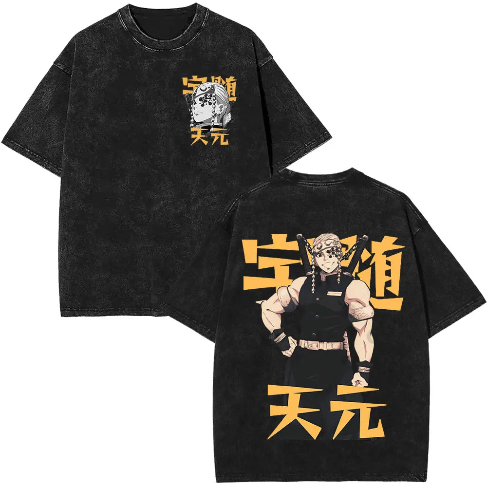 Demon Slayer Tengen Uzui Ninju Mice GYM Washed T Shirts Kimetsu No Yaiba Tee Shirt Cotton T-Shirt Unisex Casual Oversized Tops