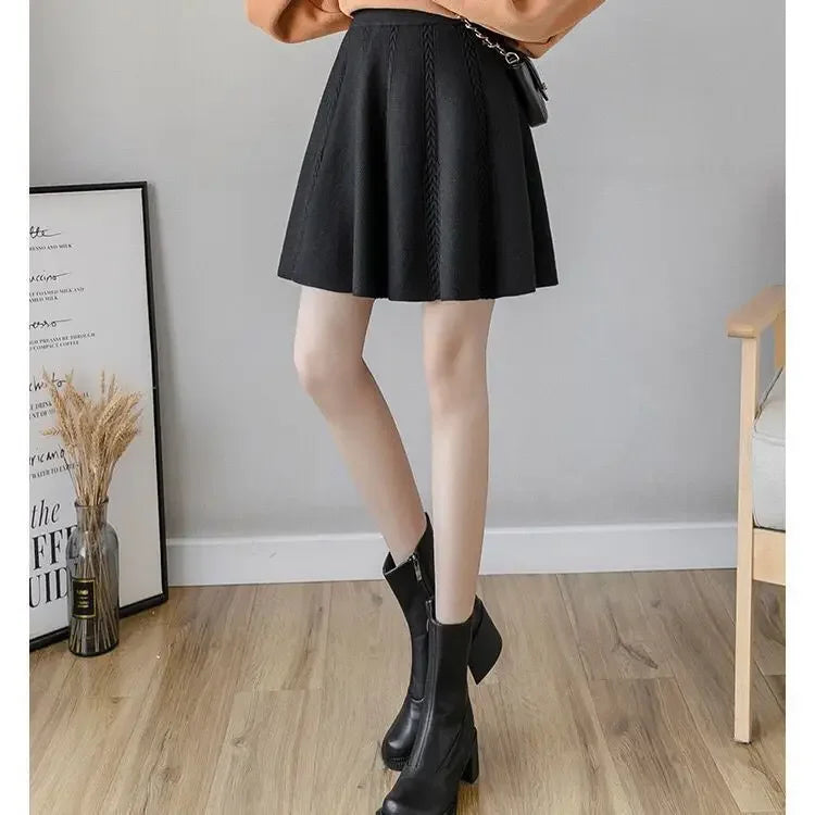 Thickened Knitted Mini A- Line Skirt High Waist Design Autumn Winter Loose Fit Polyester Fiber Half Body Skirts