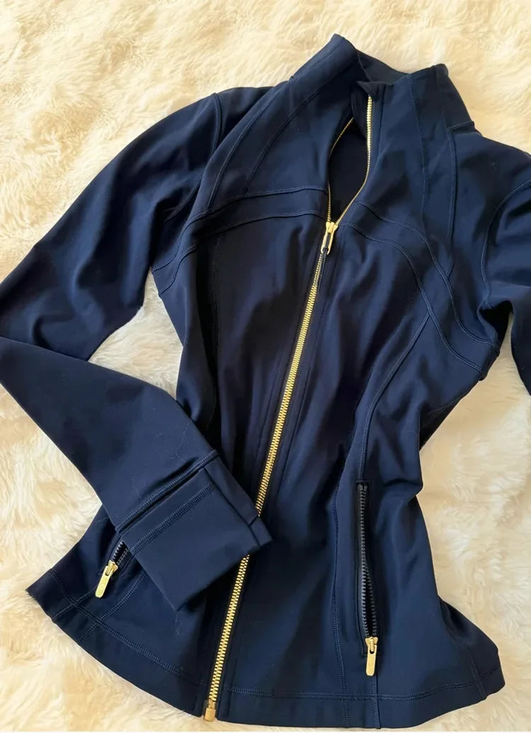 Light Blue Yoga Wear Women's Thin Outerwear 2025 New Shoulder Fit Waist Cinch Early Autumn Fishbone Sports Top