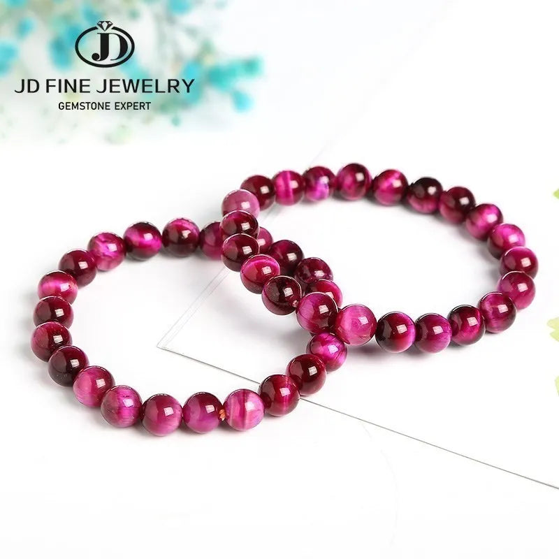 JD Natural Fuchsia Tiger Eye Stone Minerals Round Loose Beads Jewelry  Good Lucky Elastic Bracelet New Year Gift