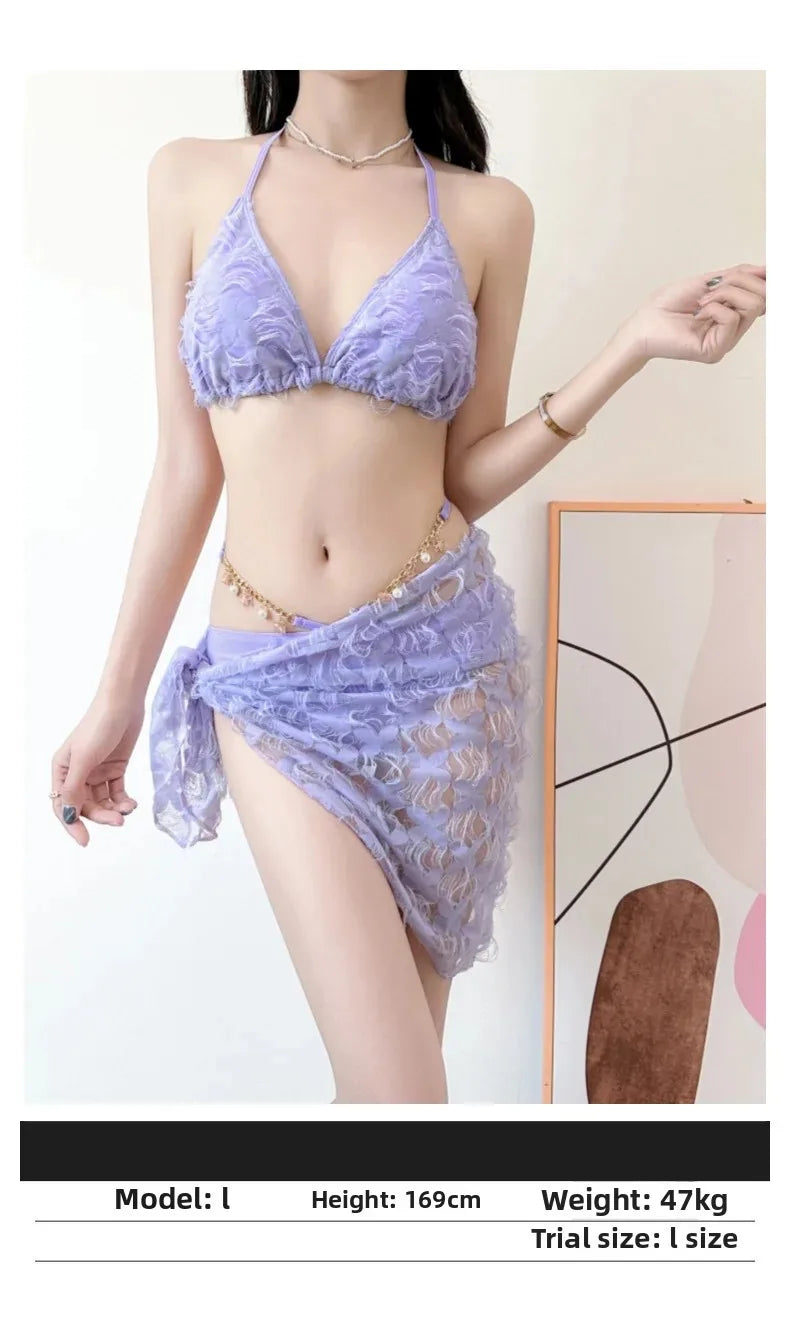 Sexy Slimming Bikini Three-Piece Swimsuit Women's Ins Style Purple Swimwear Show off Your Curves in This Trendy Bikini Set