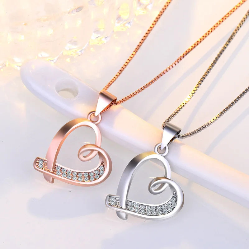 New Fashion Heart Rhinestone Pendant Neckalces Women 925 Sterling Silver Jewelry Silk Ribbon Love Rose Gold Zircon Choker Chain