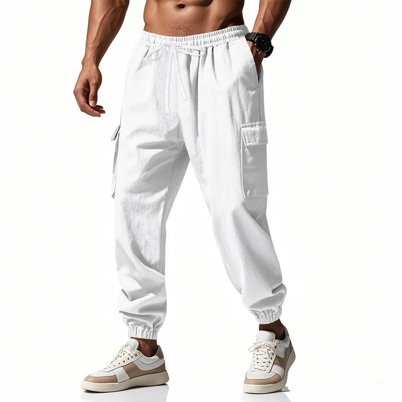 2025 New Men's Cotton and Linen Multi Pocket Ankle Pants, Loose Drawstring Pants Workwear Sports Trend Men's Pants