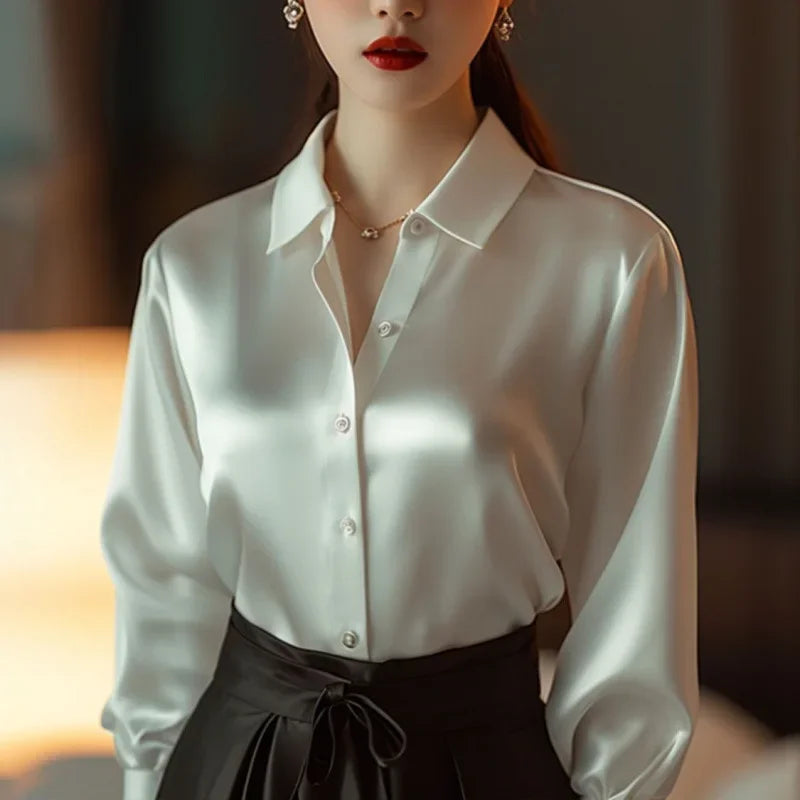 Elegant Women's Long Sleeve Shirt 2024 Spring New Style Business Casual Silky Smooth Top Versatile With Button