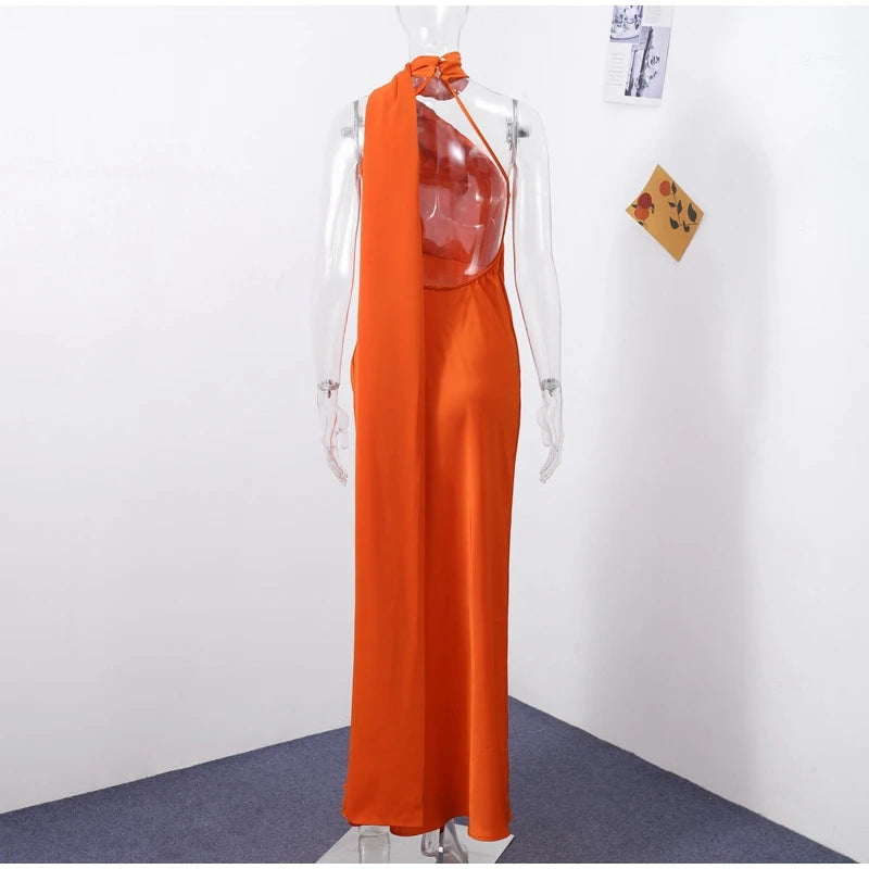Elegant Ribbon Halter Dress Women Solid Off Shoulder Sleeveless Backless Slim Maxi Dresses 2025 Summer Autumn Party Robes Lady