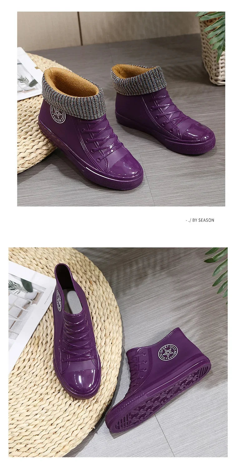 Anti-Slip Short Tube Waterproof Women's Rain Boots Fashionable Kitchen Work Rubber Shoe Covers Fishing Shoes PVC Material Adult