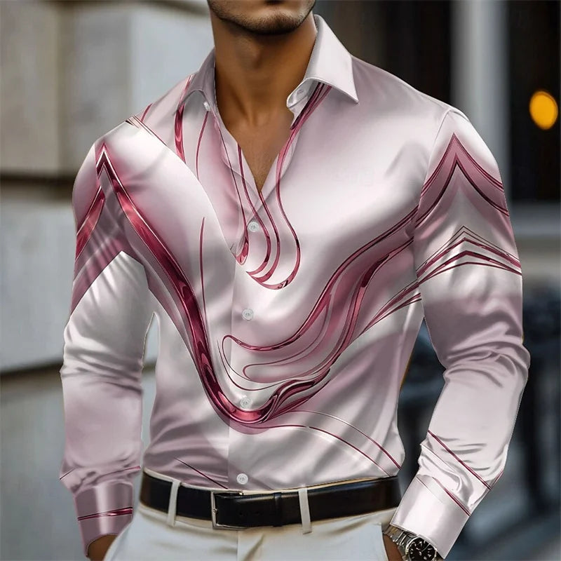Men's geometric gradient wave satin long-sleeved shirt fashion casual vacation daily summer spring and autumn lapel shirt