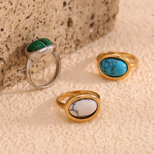 E.B.belle Minimalist Style Gemstone Ring Oval Shape Natural Stone 18k Gold Plated Stainless Steel Jewelry For Women Party GIft