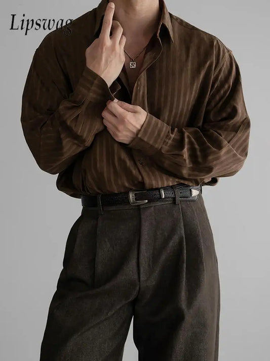 Vintage Striped Textured Shirts Men's Spring Autumn Outdoor Casual Button-up Shirt Long Sleeve Mens Fashionable Lapel Cardigans