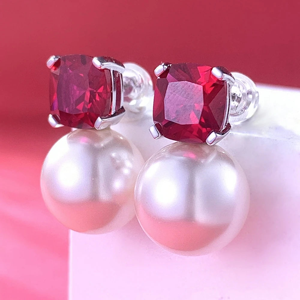 Vinregem 12 MM Pearl Ruby Gemstone Vintage Ear Studs Earrings for Women 925 Sterling Silver Fine Jewelry Wedding Party Wholesale