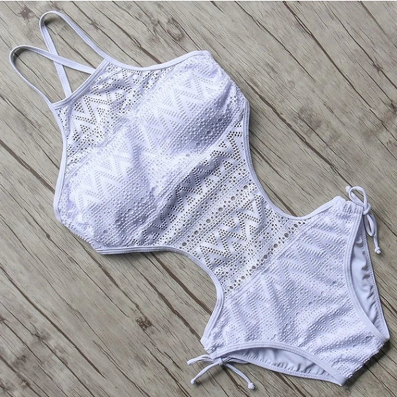 New 2024 women swimsuit one pieces swimwear female sexy hollow monokini lace halter bathing suit pad beachwear solid bodysuit