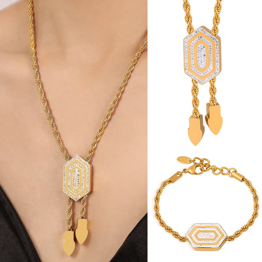 Bracelet Necklace Set For Women Twisted Chain with Hexagon CZ Pendant Bangle Premium Stainless Steel Jewelry Wholesale