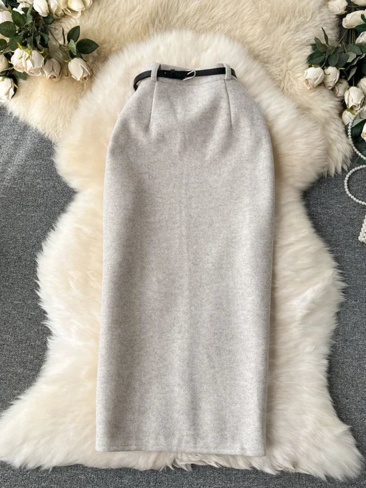 Woolen Midi Skirt Women Autumdn Winter High Waisted Elegant Pencil Skirt Female Slim Split Work Skirts