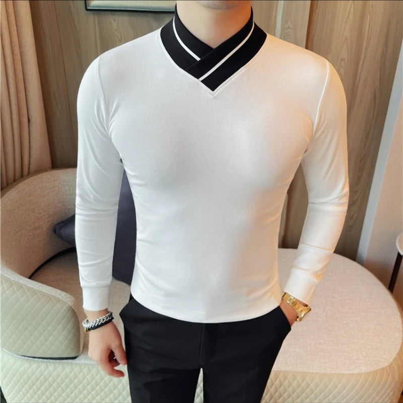 Autumn Winter Men's Mock Neck Long Sleeved T-shirt Slim Fit Elastic Solid Color Base Shirt Versatile Casual Business T-shirts