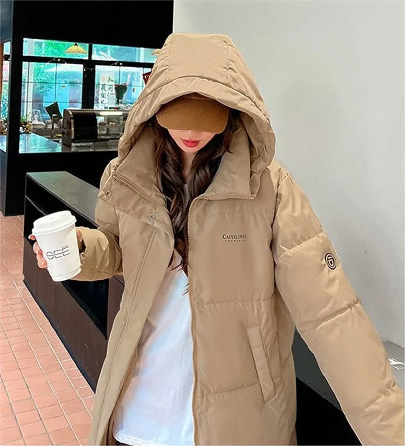 2025 Solid Long Down Parka Women with  Hood  Cotton Padded Jacket Winter Overcoat Fashion Thicken Warm Puffer Coat Female