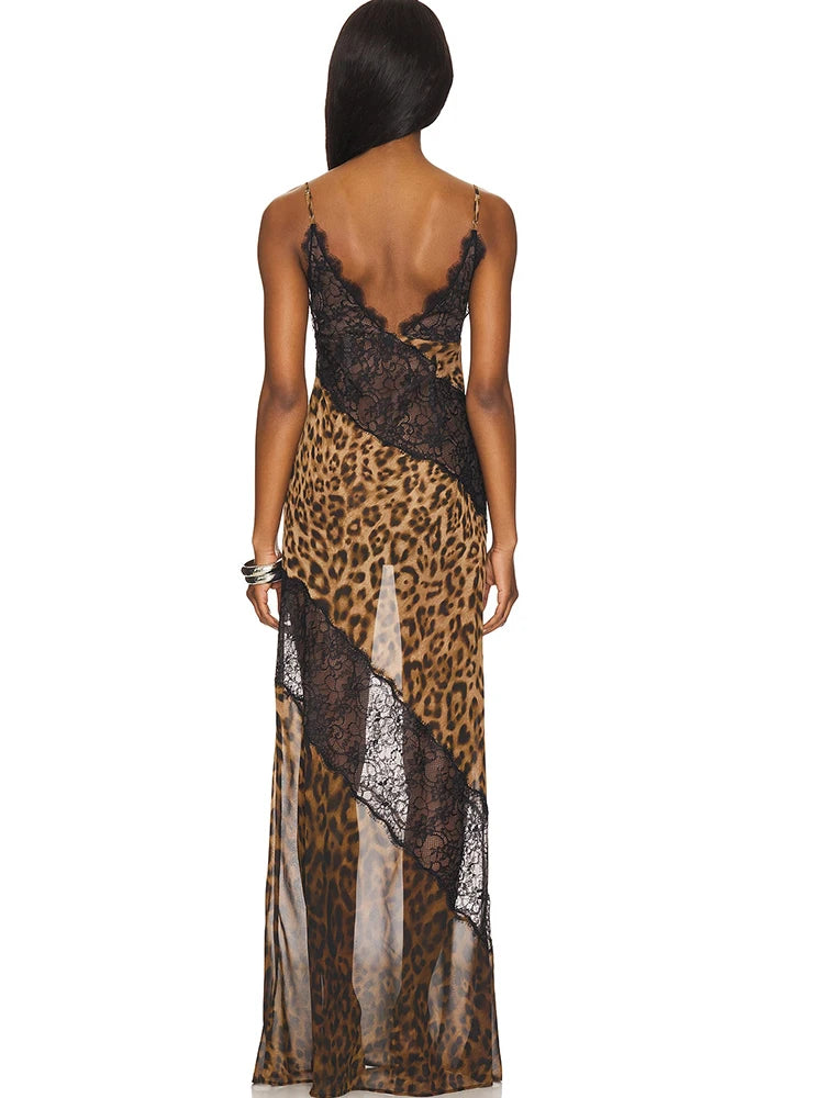JULISSA MO Patchwork Sexy See Through Lace Print Leopard Maxi Dress For Women Spaghetti Strap V-neck Elegant Party Evening Dress