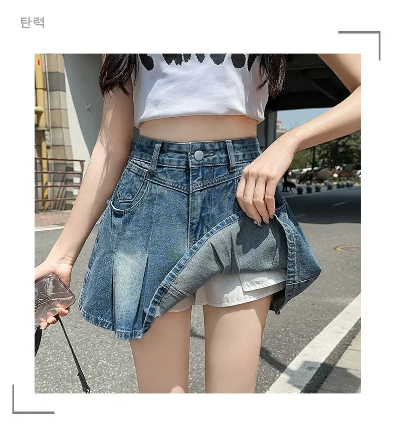Fashionable High Waist A- Line Mini Skirt Women's Summer New Style American Retro Denim Skirts Cotton Slimming Pleated Skirts