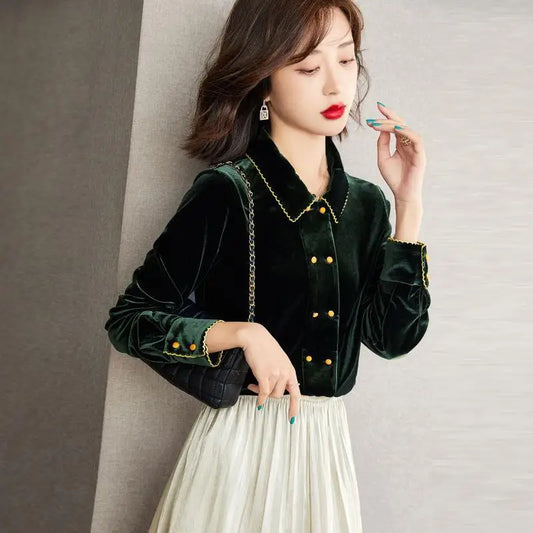 French Style Fashion Elegant Sping Velvet Shirts Women Solid Polo-Neck Single Breasted Temperament Chic Loose Long Sleeve Tops