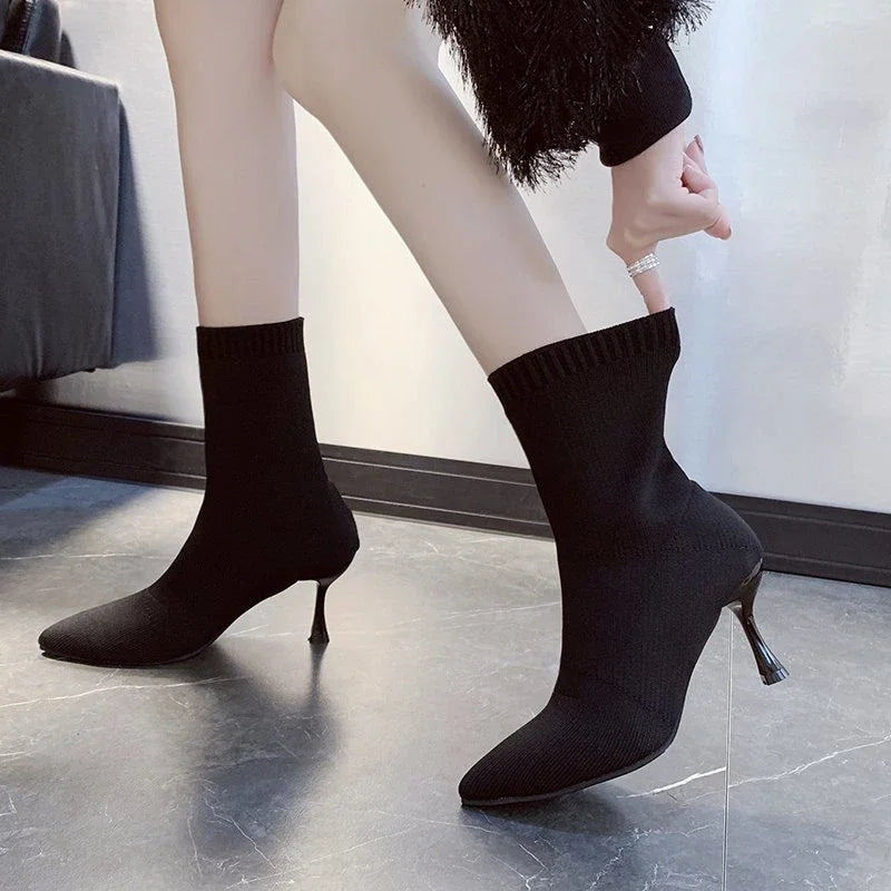 Socks Boots Women Stretch Fabric Elastic Stilettos Heel Sexy Pointed Toe Ankle Boots  Shoes Woman Thin Heels Party  shoes