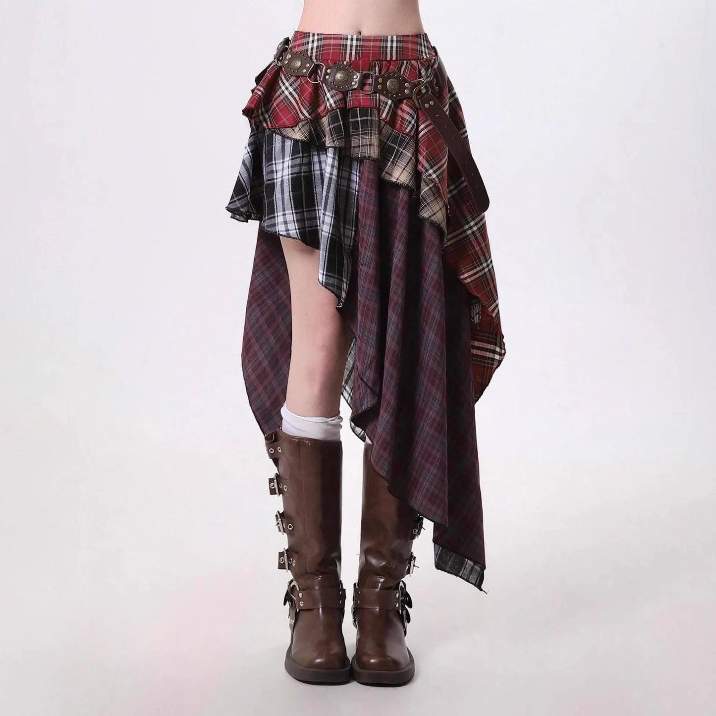 American Plaid Half Skirt Women's Spring Summer New Style Pleated Asymmetrical Color Block Short Skirt A- Line Polyester Fiber