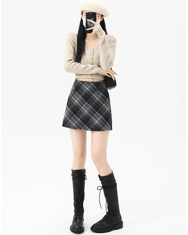 Autumn Winter Woolen Plaid Mini Skirt for Women College Casual All Match Short Skirts Woman Thicken Warm High Waist A-Line Skirt