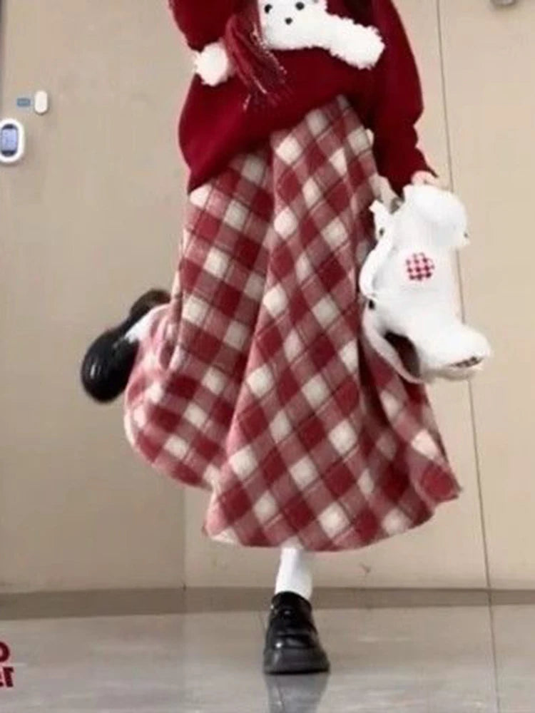 Red Plaid Midi Skirt Women Fall Winter Vintage High Waist Sweet Woolen Cloth Skirts Retro Loose Preppy Aesthetic Female Skirt
