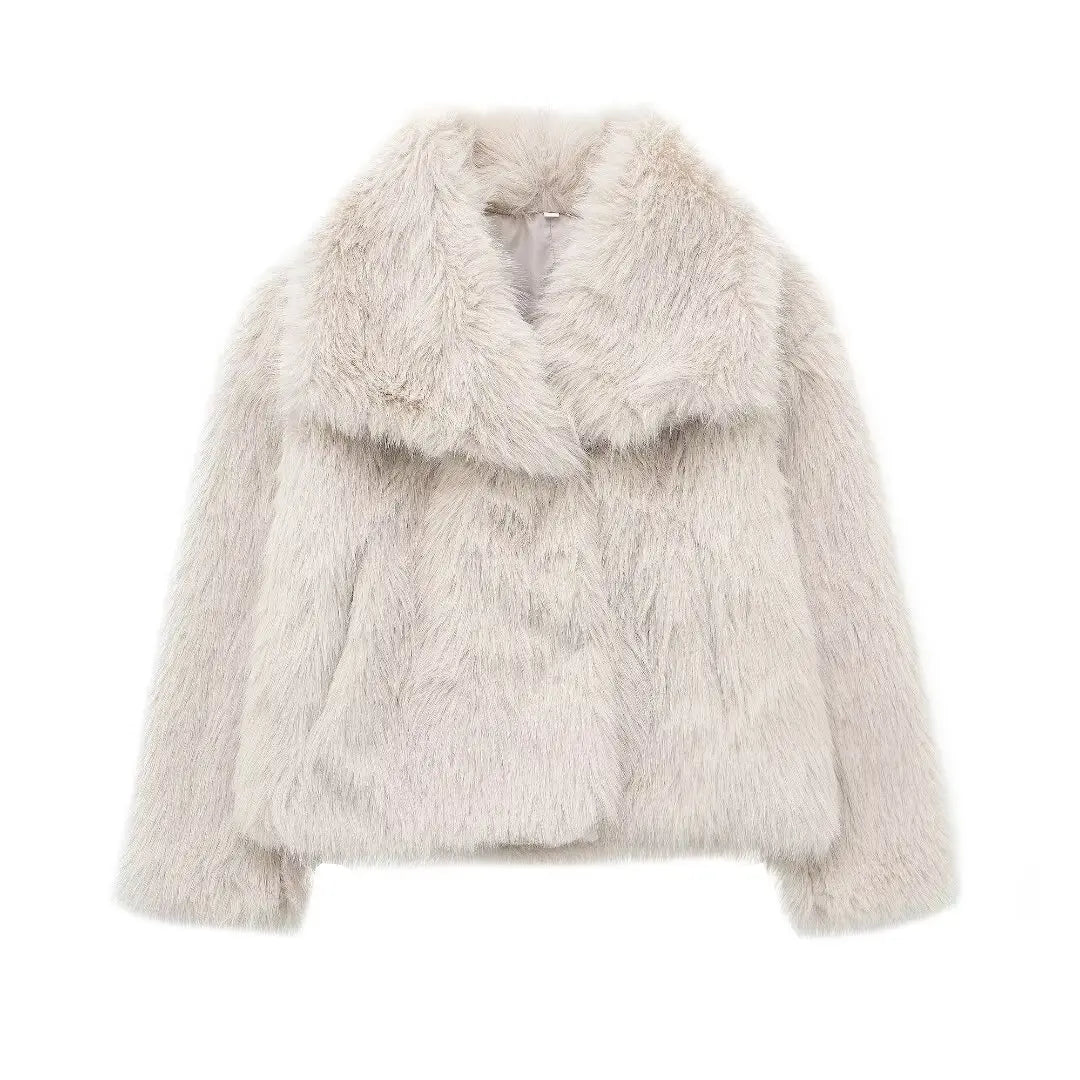2025 Women Fashion Cropped Faux Fur Jacket Coat Long Sleeve Front Snap-button Female Outerwear Chic Lapel Collar Thick Coat