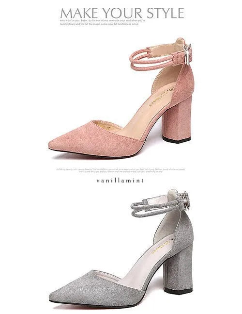 2025 Summer Square High Heels Women Shoes Flock Pointed Sandals Sexy Female Sandalias Shoes Ankle Buckle 6cm Heel Casual Pumps